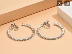 Rhinestone Clip on Earrings Hoop Earrings Silver Shiny