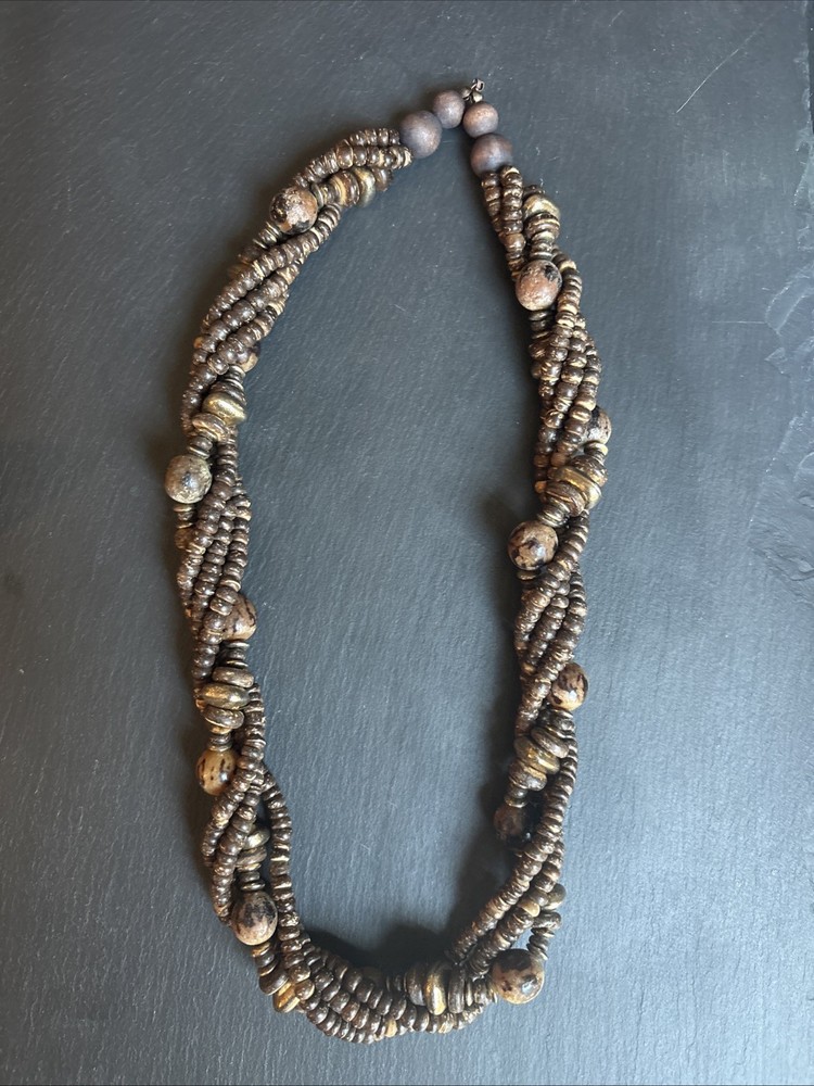 Women’s Necklace Twist Beads Ethnic Boho 22” Brown Black Gold Beads
