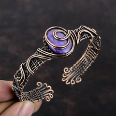 Russian Charoite Wire Wrapped Adjustable Bangle Handcrafted Copper Holiday