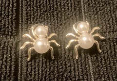Imitation Pearl Spider Stud Earrings Set In Gold-Toned Metal Frame 3/4” Long