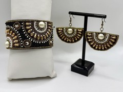 Boho Beaded Cuff Bracelet & Fan Earrings Set Faux Pearl Gold Black Statement