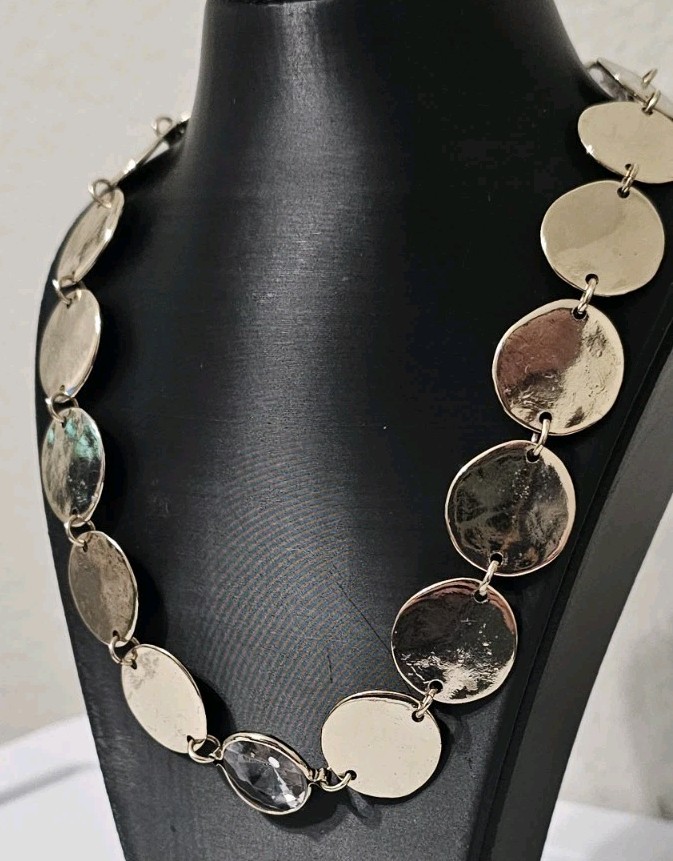 Chicos Gold Disc Statement Necklace Layered Coin Rhinestone Crystal Multi Strand