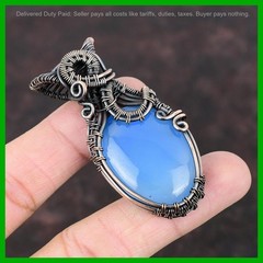 Halloween Sale Oval Blue Chalcedony Gemstone Copper Wire Wrapped Pendant Jewelry