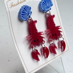 Pierced Earrings Red Lobster Ocean Sea Life Dangle Chunky Beach