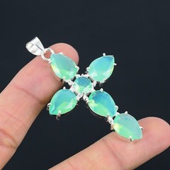 Aqua Chalcedony Handmade Cross Design Pendant Jewelry Party Wear 2.6″ CP 010