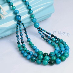 3 Rows Natural Azurite Chrysocolla 4-12mm Round Beads Layered Necklace 18-20”