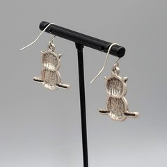 Owl Pierced Earrings Silver tone Dangle Embossed Oxidized 1 in