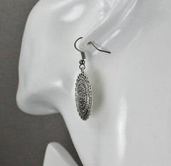 Silver stamped medallion dangle disc 1.75″ long earrings lightweight antiqued