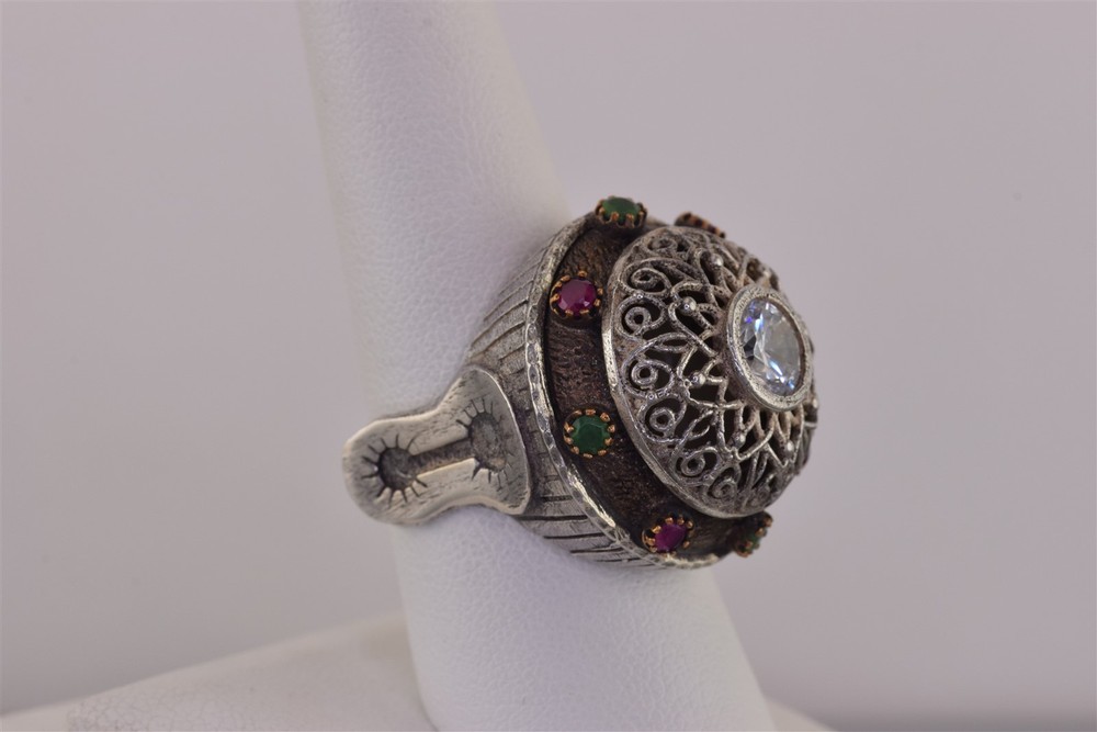 Sterling Silver Emerald & Ruby Accented Domed Bohemian Band Ring 15g 925 Sz: 8