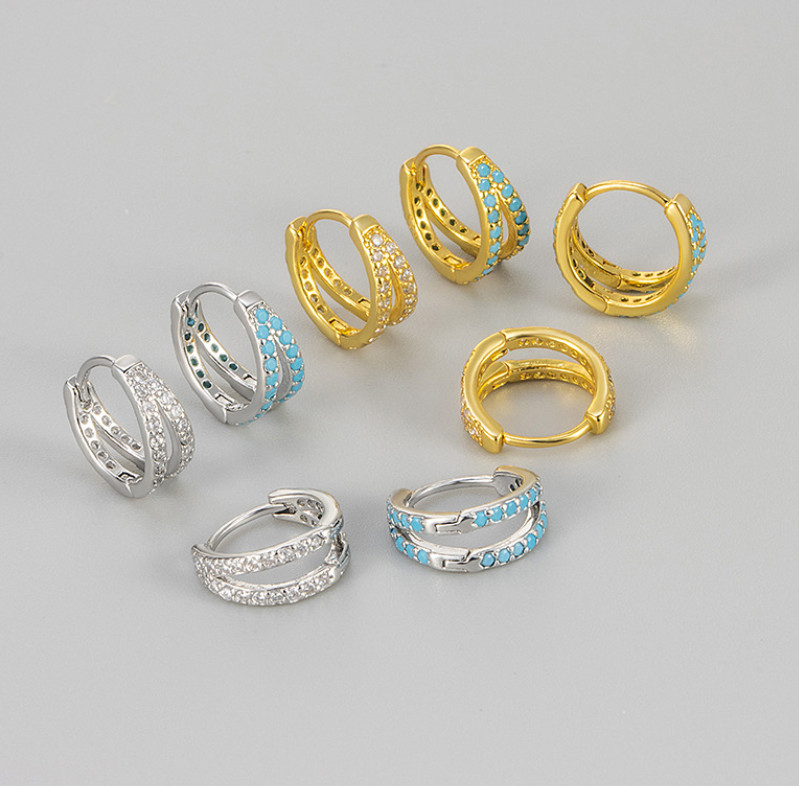 Women 925 Sterling Silver Post Turquoise Decor CZ Huggie Hoop Snap Earrings A28