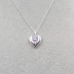 Silver tone Heart Locket Pendant Necklace Purple Stone 16″