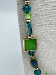 Statement Beaded Necklace Green Multicolor Glass Gold Tone Chain Womens 34in