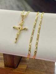 Rustic Cross Necklace 14K Yellow GF Figaro Chain 24″ Gifts Jewelry Religious