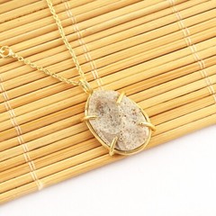 White & Gray Geode Druzy Prong Setting Yellow Gold Plated Charm Necklace