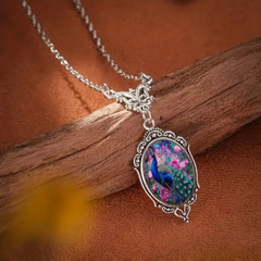 Peacock Ornate Silver Necklace Bird Jewelry Vintage Silvery Pendant