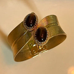 Gold Tone Hinged Stackable Cuff Bracelet 2 Oval Brown Cabochon Bezel
