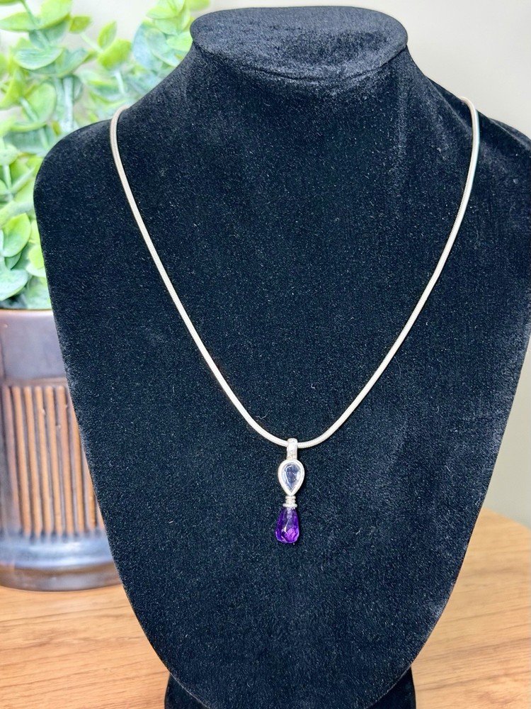 Silver Snake Chain Necklace 18″ Amethyst Teardrop Charm Pendant Crystal
