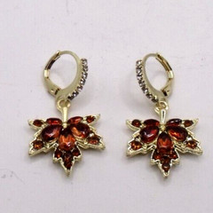 Hoop Pierced Earrings Maple Leaf Gold Tone Amber Clear Rhinestones Jewelry New