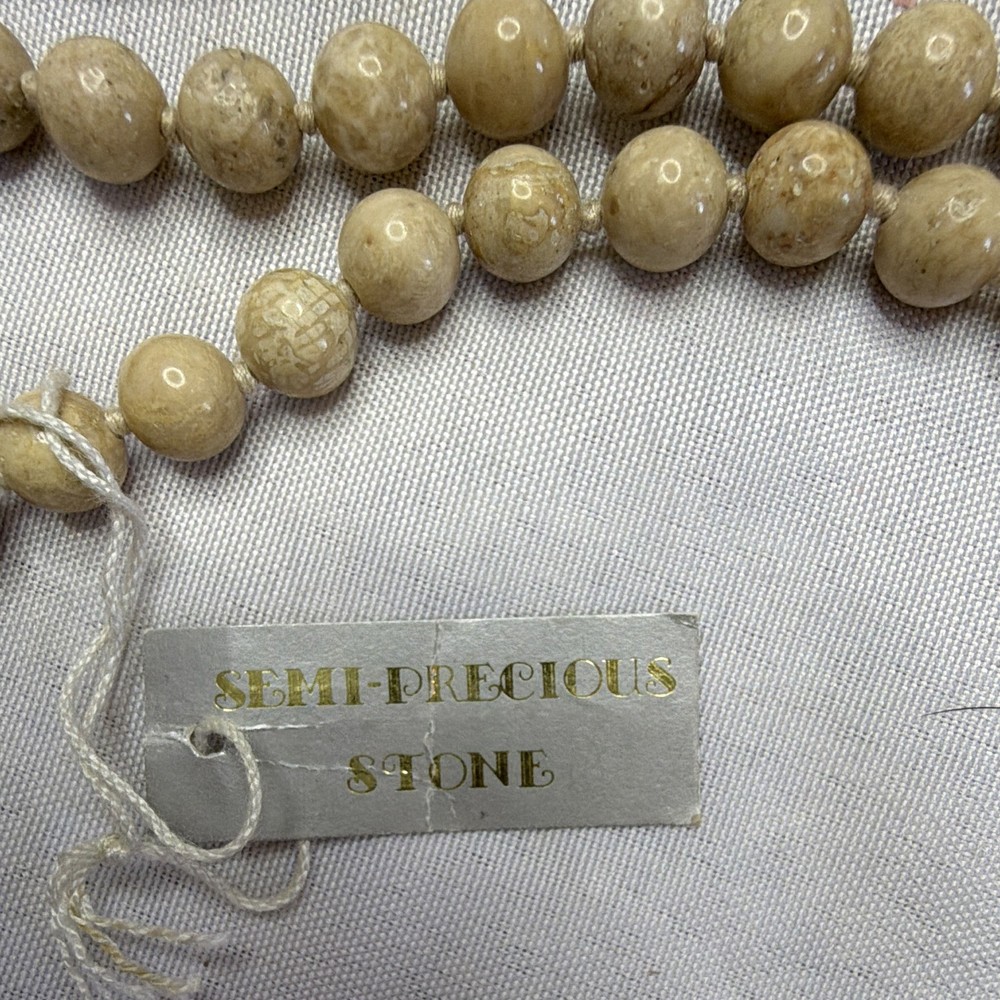 Riverstone Semi Precious Stone Bead Necklace Beige Tan Round Natural Stone 18”