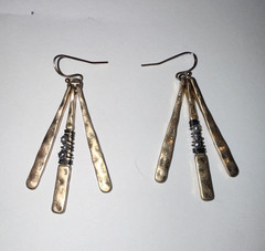 Silver Tone Metal Fan Dangle Drop Earrings mini gray pearls Hook Back Lobe
