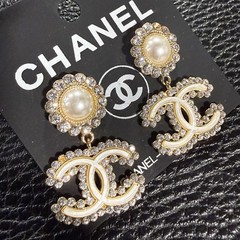 CHANEL Silver Crystal Pearl Double CC Dangle Earrings READ
