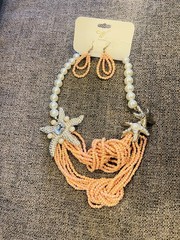 Statement Peach Beaded Necklace & Earring Set with Pearl Accents