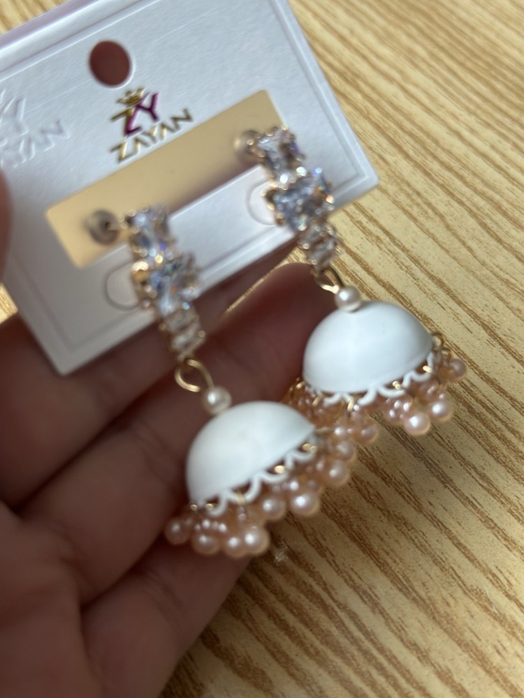 Gold-Tone White Dome Pink Faux Pearl Fringe Dangle Drop Lobe Earrings