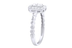 Baguette & Round Cut Simulated Diamond Beaded Halo Ring in 14k White Gold Plated