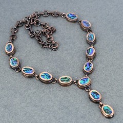 Copper Oval Abalone Shell Gemstone Chain Bezel Electroformed Necklace Jewelry