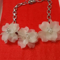 Silver Tone Statement Cable Chain Necklace w/ Pink & White Plastic Flowers