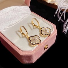 14k Gold Four Leaf Clover Flower Drop Dangle Earrings
