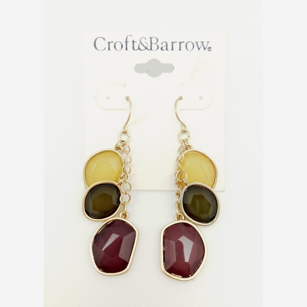CROFT & BARROW Purple Green Yellow Stones on Goldtone Hook Earrings 2 1/2″ NEW