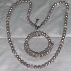 Pink Faux Pearl Jewelry Set Necklace & Bracelet w/ Crystal Rhinestone Spacers