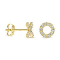 14K Real Solid Yellow Gold Dainty Pave XO CZ Sleeper Stud Earrings Push-back