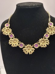 Chunky Floral Bib Statement Necklace Gold Tone Orange Pink Rhinestone Flower 20″