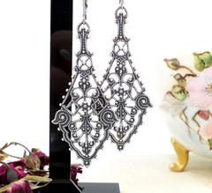 New Antique Silver Tone Filigree Large Statement Victorian Style Goth Jewelry