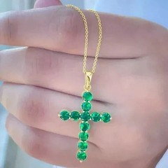 Simulated Green Emerald 3Ct Round Cut Cross Pendant 14k Yellow Gold Plated 18”