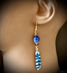 Blue sand Stone Beaded Dangle Drop Earrings Hook Closure Teardrop, Owl Feather