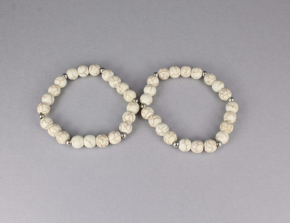 set 2 Cream Silver bracelets bead stretch beaded bracelet 8 mm bead size
