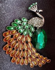 Peacock Brooch Green Enamel Large Faceted Acrylic Stone Silver Tone Pin