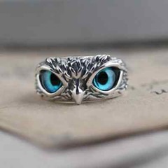 Cute Owl Blue Eye Silver Ring, Adjustable Size, Bird, Fun