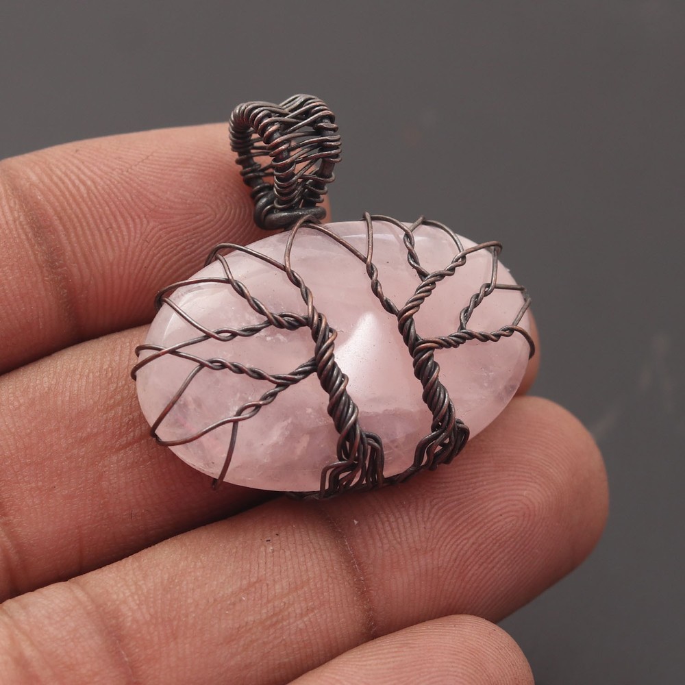 Rose Quartz Gemstone Copper Wire Wrapped Handmade Pendant Jewelry Gift For Her