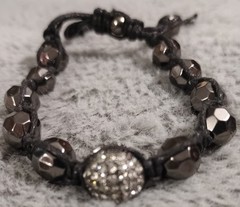 Hematite Bead Pave Crystal Adjustable Cord Bracelet New Old Stock up to 10″