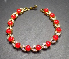 Yellow Gold Plate Red JADE Cabochon Bangle Bracelet Diamond Imitation 320681 US