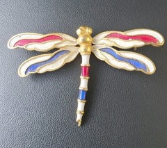 Vintage Estate Dragonfly Brooch Pin Gold Red Blue White Enamel