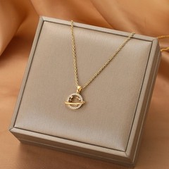 Gold Tone Round Charm Pendant Necklace, Cable Chain, Metal, No Stone