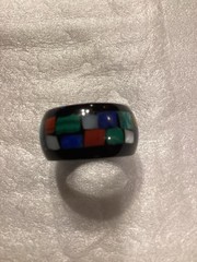 Black Resin Plastic Ring Inlaid With Multi Gemstones Size 6 VGC