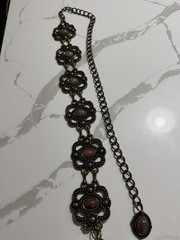 Bronze Cable Chain belt w/ Oval Bezel-Set Charm Pendant, Bronze Tone
