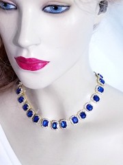 Blue Statement Choker Rhinestone Necklace Bridal Prom Pageant Jewelry