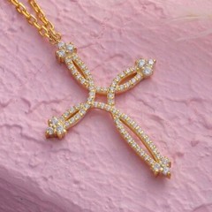 Round Cut Simulated Diamond Cross Pretty Wedding Pendant 14K Yellow Gold Plated